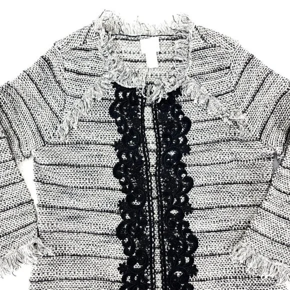 Chico's EUC Women's 0 Black White Laced Fringe Cardigan Cotton Blend Tweed - Picture 2 of 11